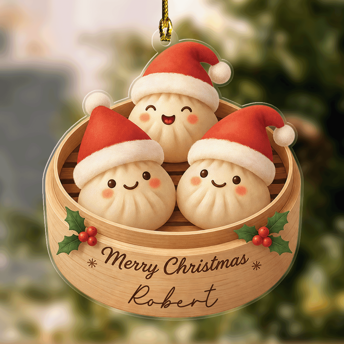 Personalized Santa Hat Bao Buns Steamer acrylic Christmas ornament with custom name