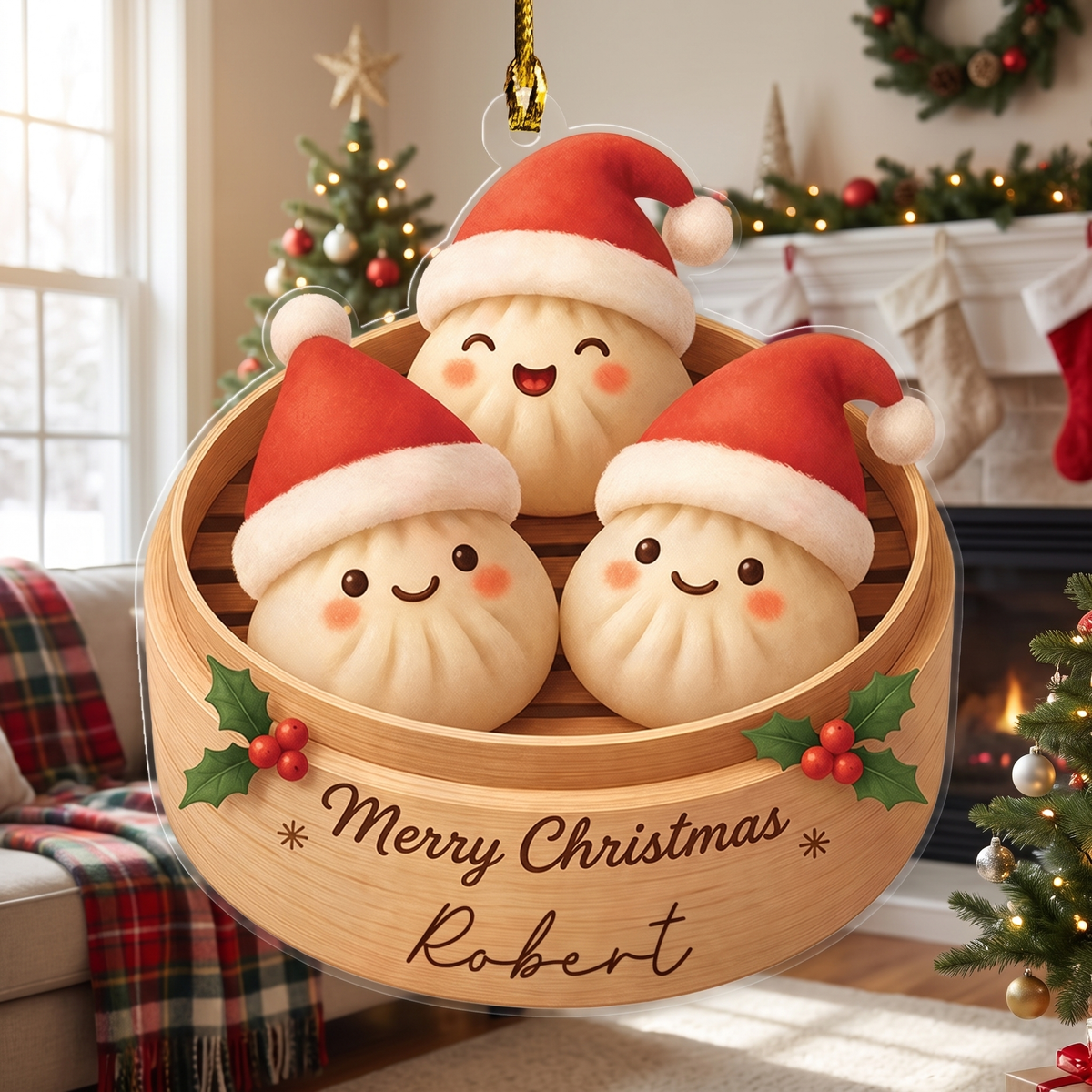 Personalized Santa Hat Bao Buns Steamer acrylic Christmas ornament, view 2