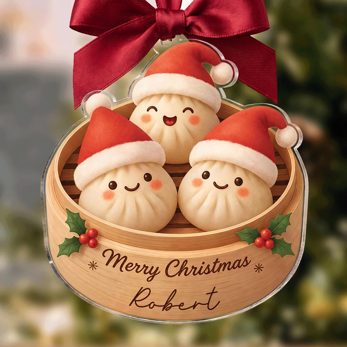 Personalized Santa Hat Bao Buns Steamer acrylic Christmas ornament, view 4