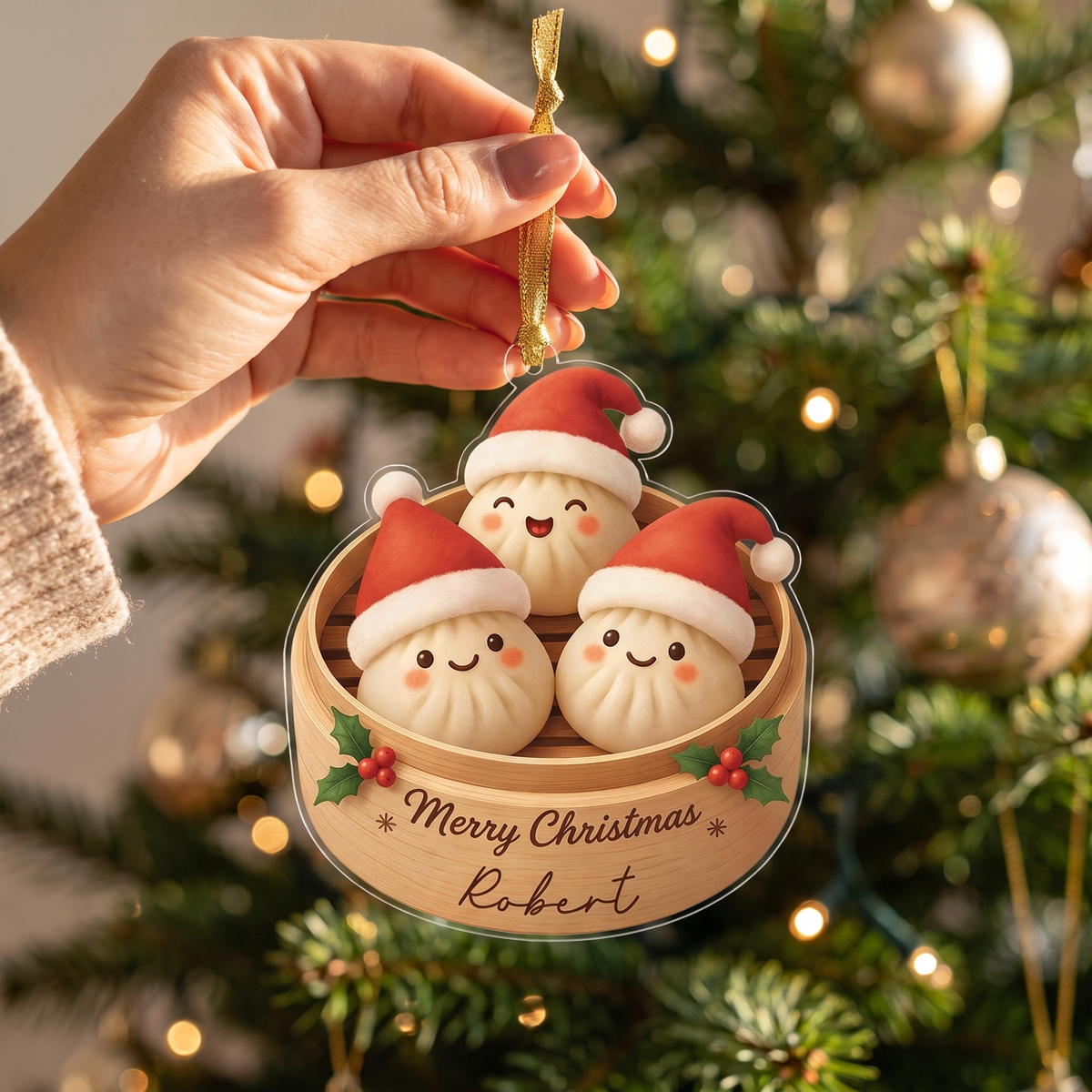 Personalized Santa Hat Bao Buns Steamer acrylic Christmas ornament, view 5