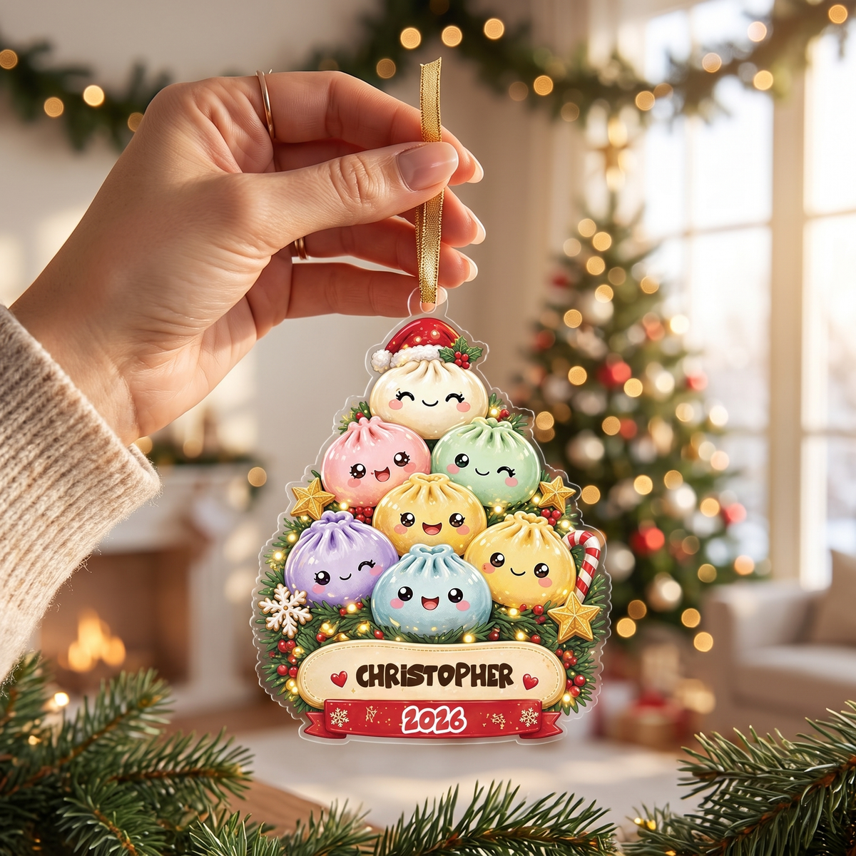 Personalized Bao Bun Christmas Tree acrylic Christmas ornament, view 3