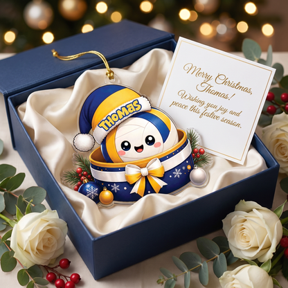 Personalized Volleyball Santa Hat Gift Box acrylic Christmas ornament, view 3