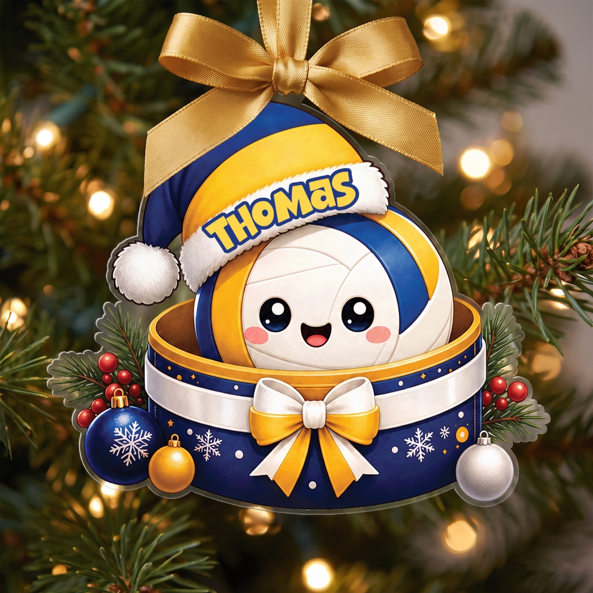Personalized Volleyball Santa Hat Gift Box acrylic Christmas ornament, view 5