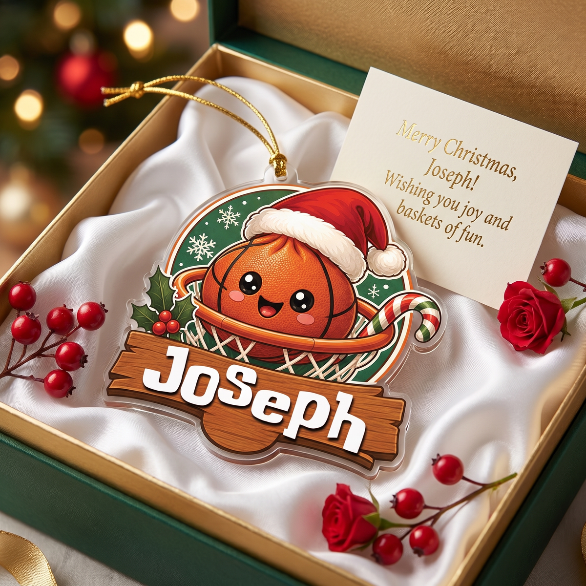Personalized Basketball Hoop Santa Hat acrylic Christmas ornament, view 2