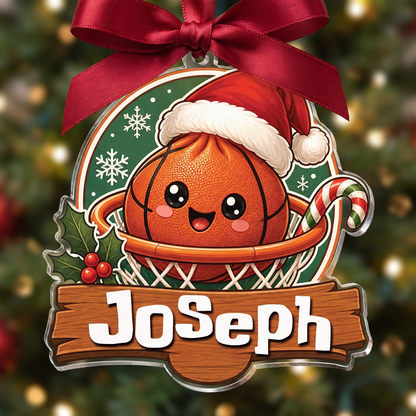 Personalized Basketball Hoop Santa Hat acrylic Christmas ornament, view 3