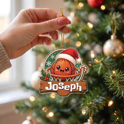 Personalized Basketball Hoop Santa Hat acrylic Christmas ornament, view 4