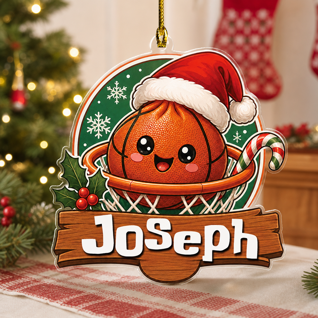 Personalized Basketball Hoop Santa Hat acrylic Christmas ornament, view 5