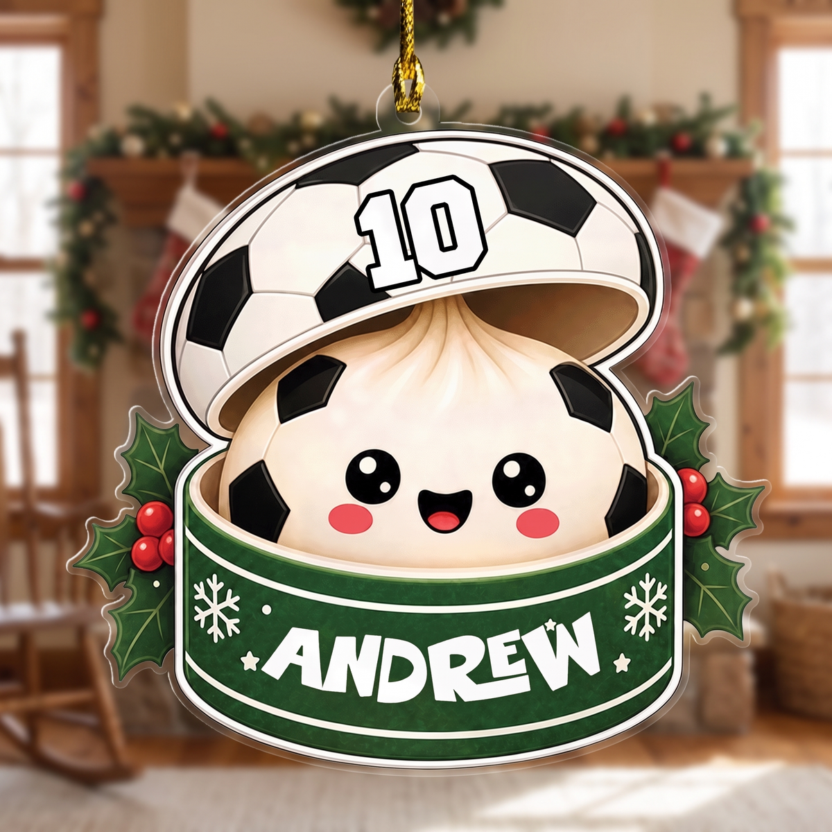 Personalized Soccer Ball Bao Bun acrylic Christmas ornament, view 2
