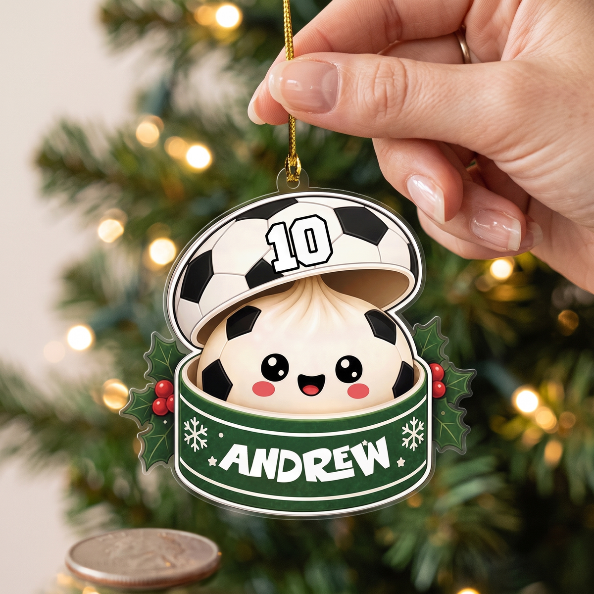 Personalized Soccer Ball Bao Bun acrylic Christmas ornament, view 4