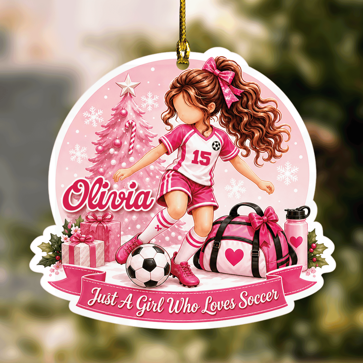 Personalized Girl Who Loves Soccer acrylic Christmas ornament with custom name