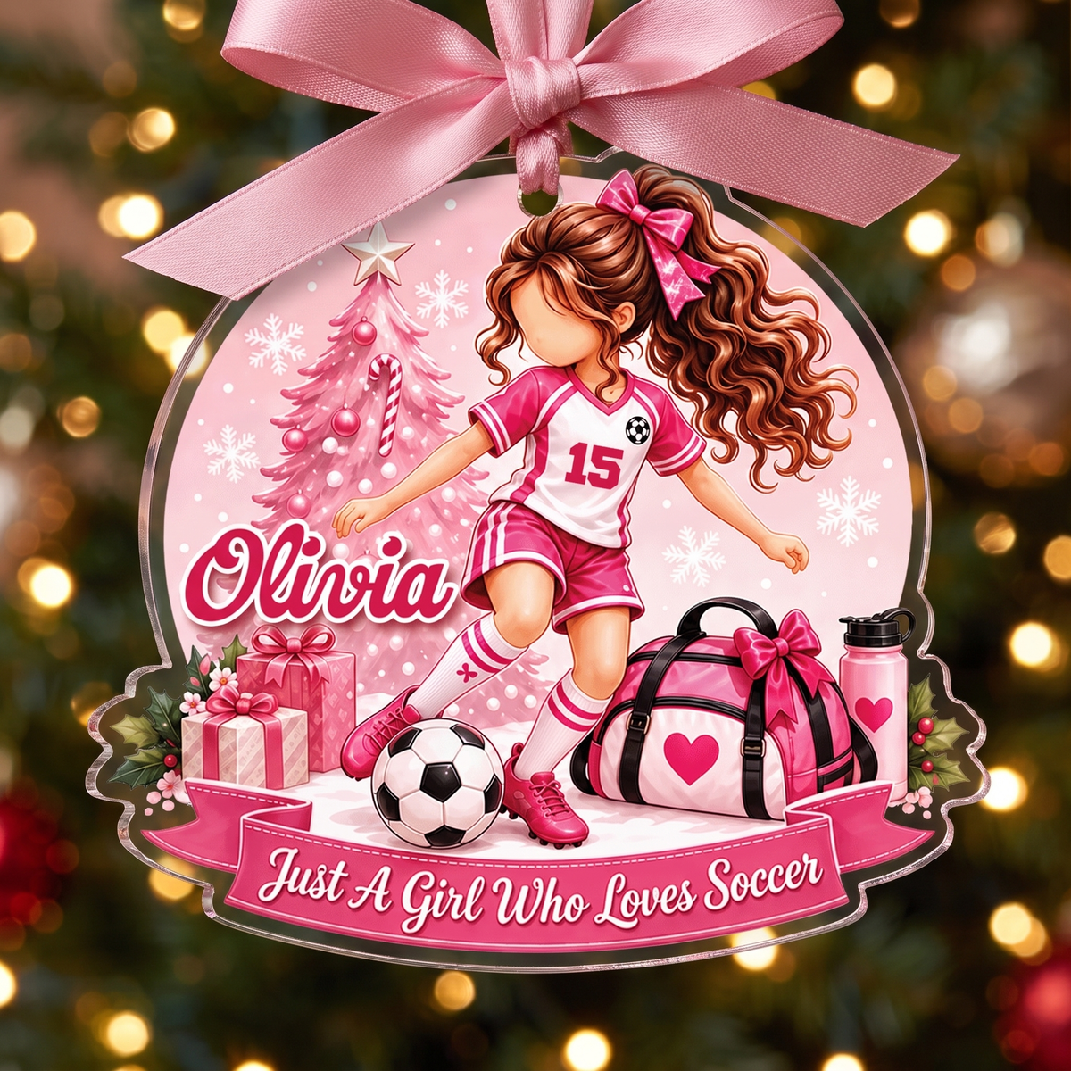 Personalized Girl Who Loves Soccer acrylic Christmas ornament, view 2
