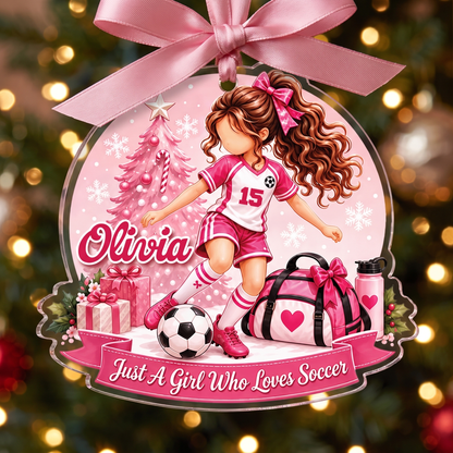 Personalized Girl Who Loves Soccer acrylic Christmas ornament, view 2