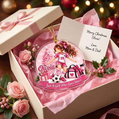 Personalized Girl Who Loves Soccer acrylic Christmas ornament, view 3
