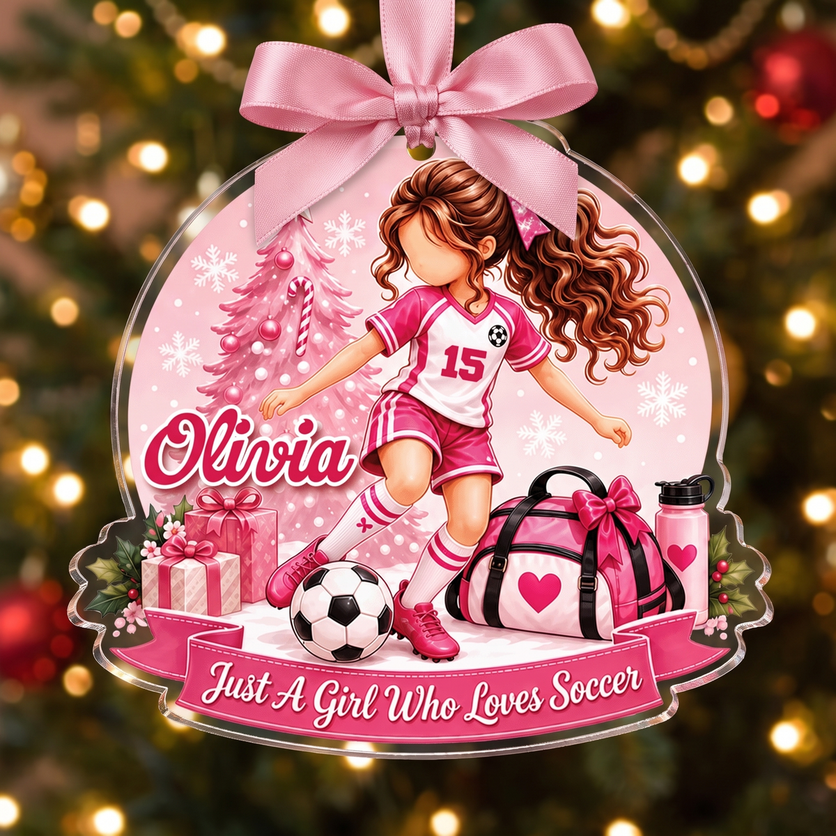 Personalized Girl Who Loves Soccer acrylic Christmas ornament, view 4