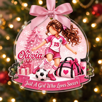 Personalized Girl Who Loves Soccer acrylic Christmas ornament, view 4