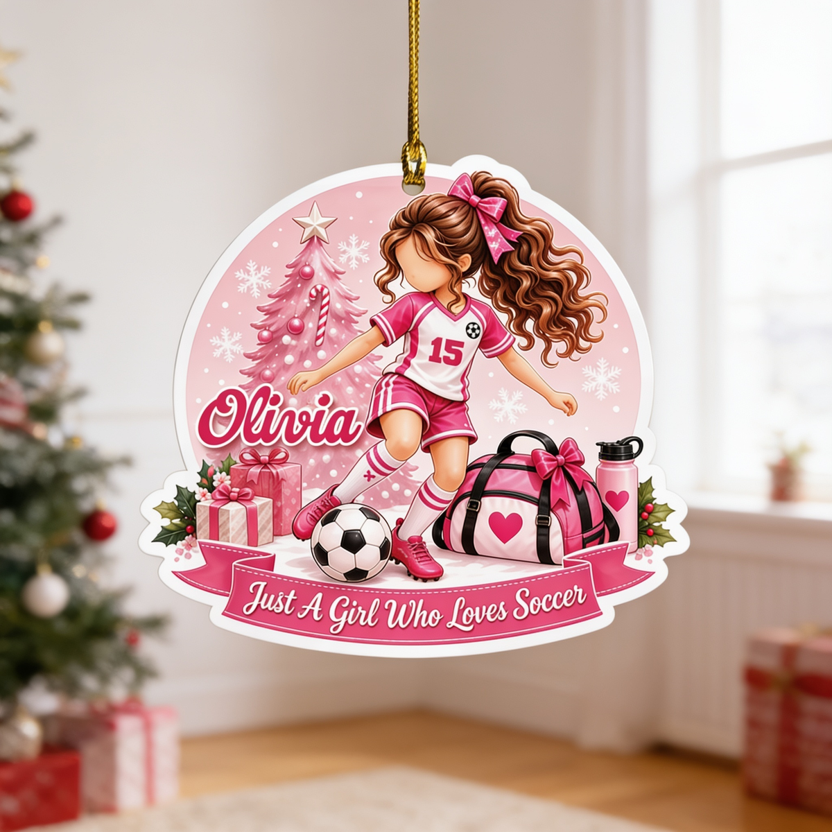 Personalized Girl Who Loves Soccer acrylic Christmas ornament, view 5