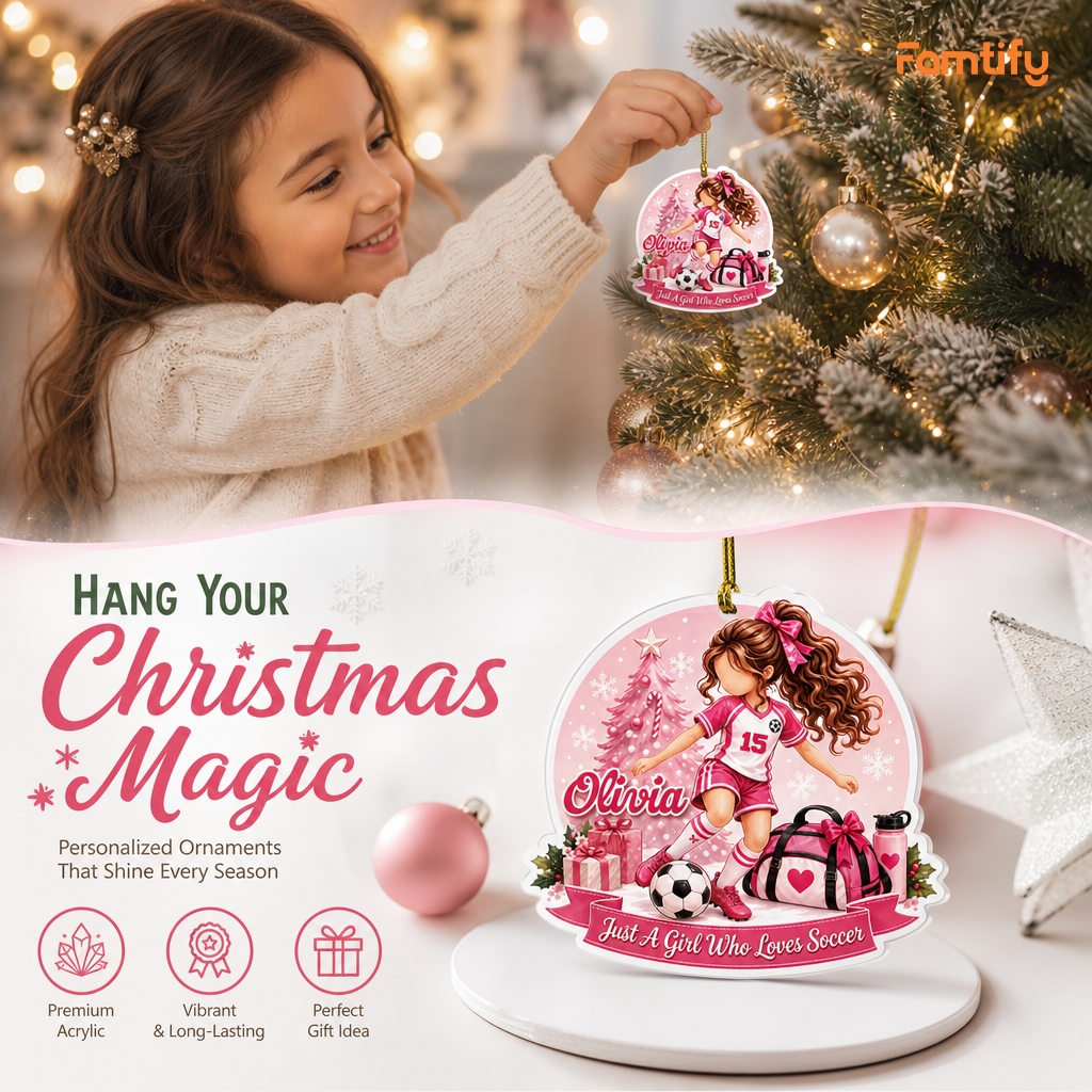 Personalized Girl Who Loves Soccer acrylic Christmas ornament, view 7