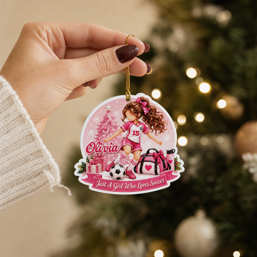 Personalized Girl Who Loves Soccer acrylic Christmas ornament, view 8
