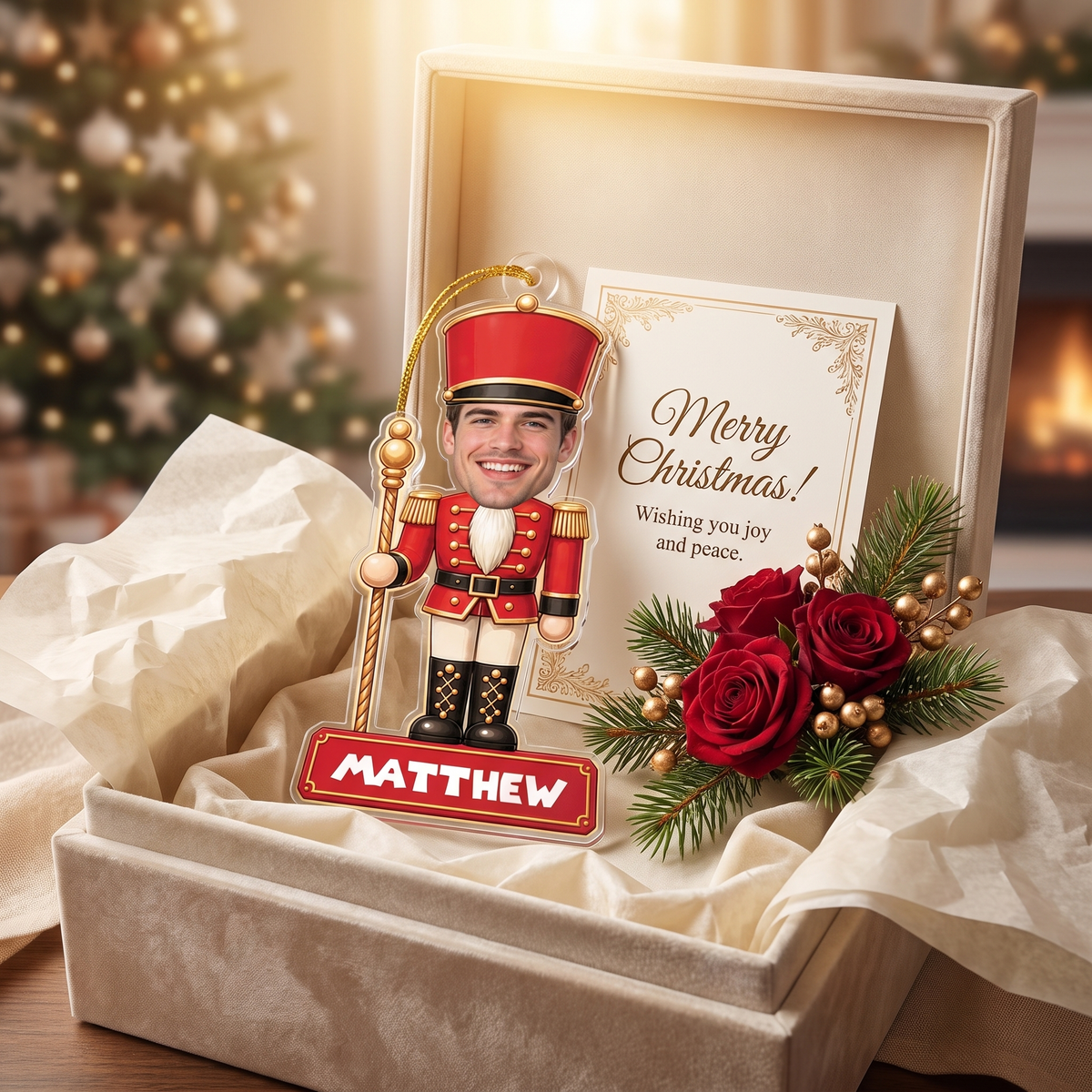 Personalized Nutcracker Face Photo acrylic Christmas ornament, view 3