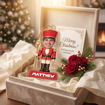 Personalized Nutcracker Face Photo acrylic Christmas ornament, view 3