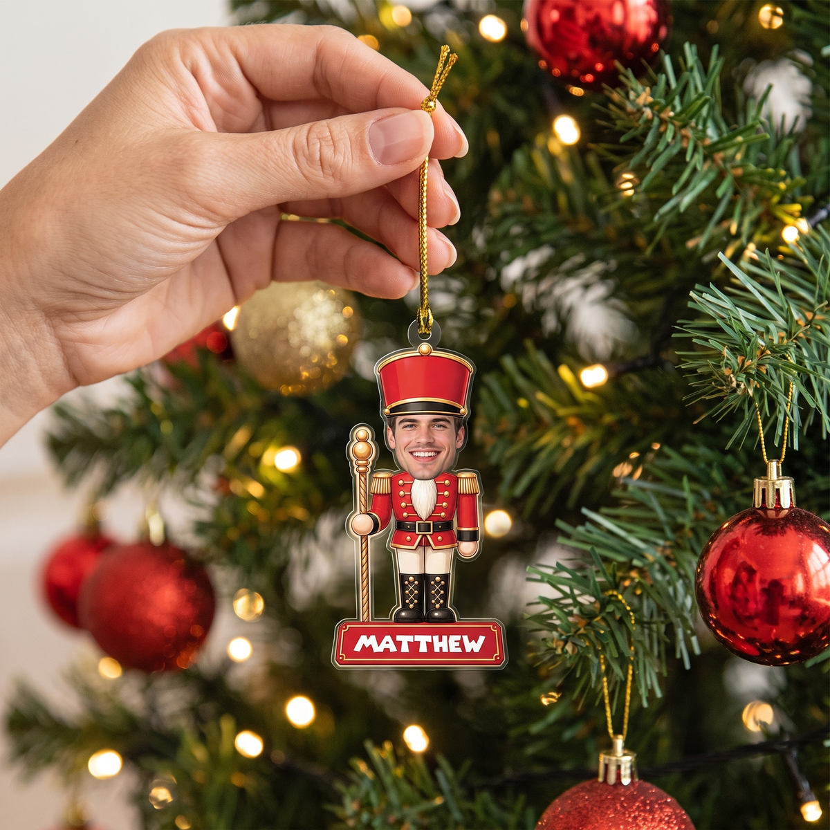 Personalized Nutcracker Face Photo acrylic Christmas ornament, view 5