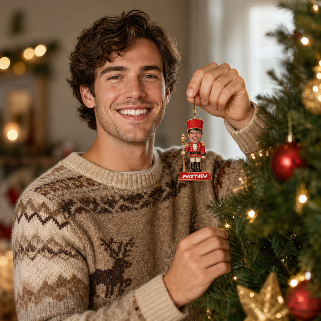 Personalized Nutcracker Face Photo acrylic Christmas ornament, view 6