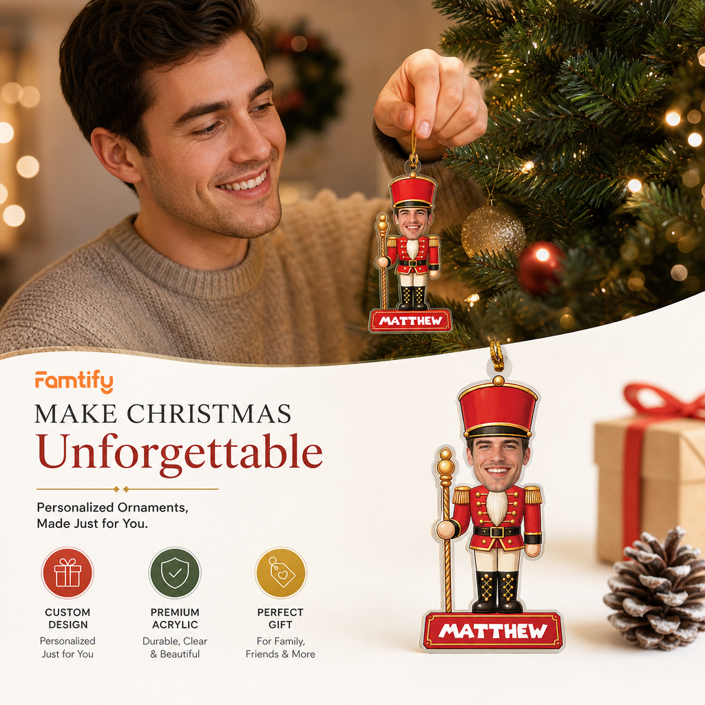 Personalized Nutcracker Face Photo acrylic Christmas ornament, view 7