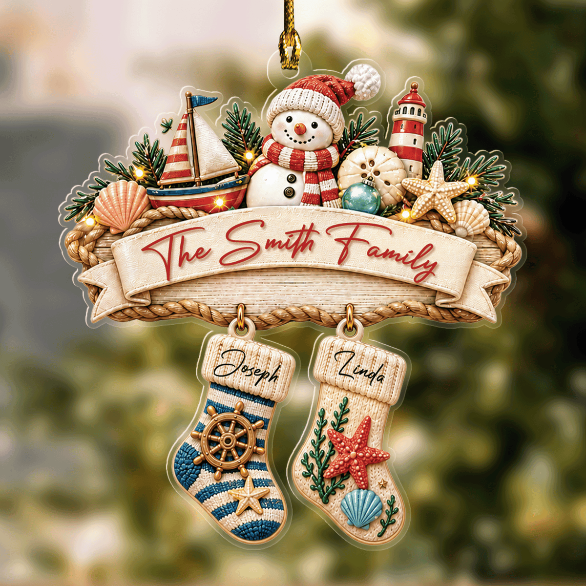 Personalized Coastal Family Stockings acrylic Christmas ornament with custom name