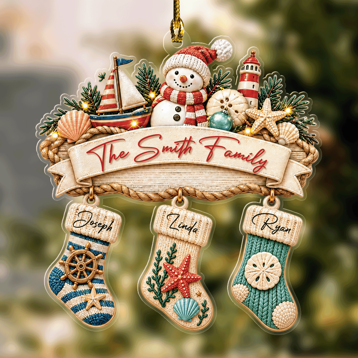 Personalized Coastal Family Stockings acrylic Christmas ornament, view 2