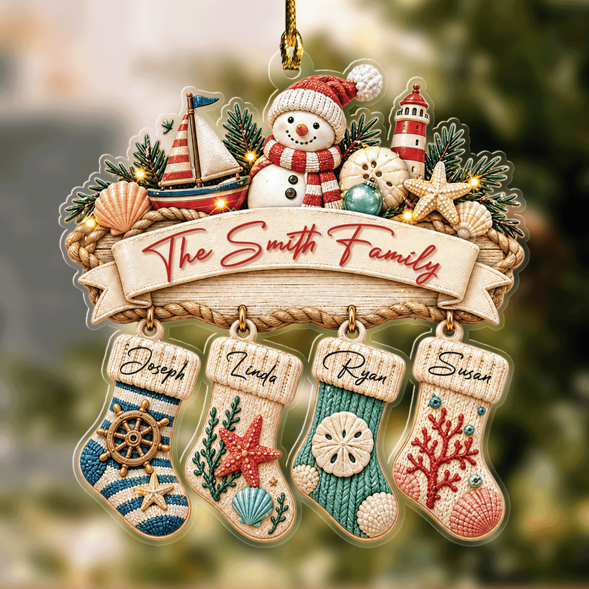 Personalized Coastal Family Stockings acrylic Christmas ornament, view 3