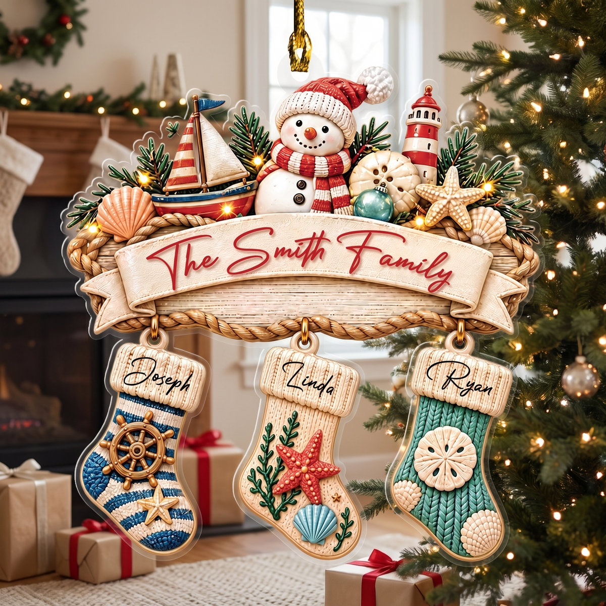Personalized Coastal Family Stockings acrylic Christmas ornament, view 4