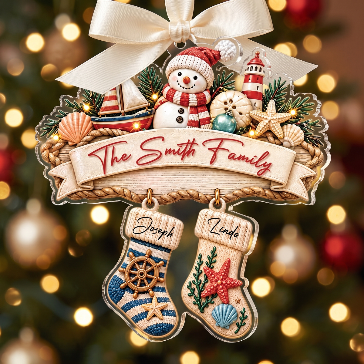Personalized Coastal Family Stockings acrylic Christmas ornament, view 5