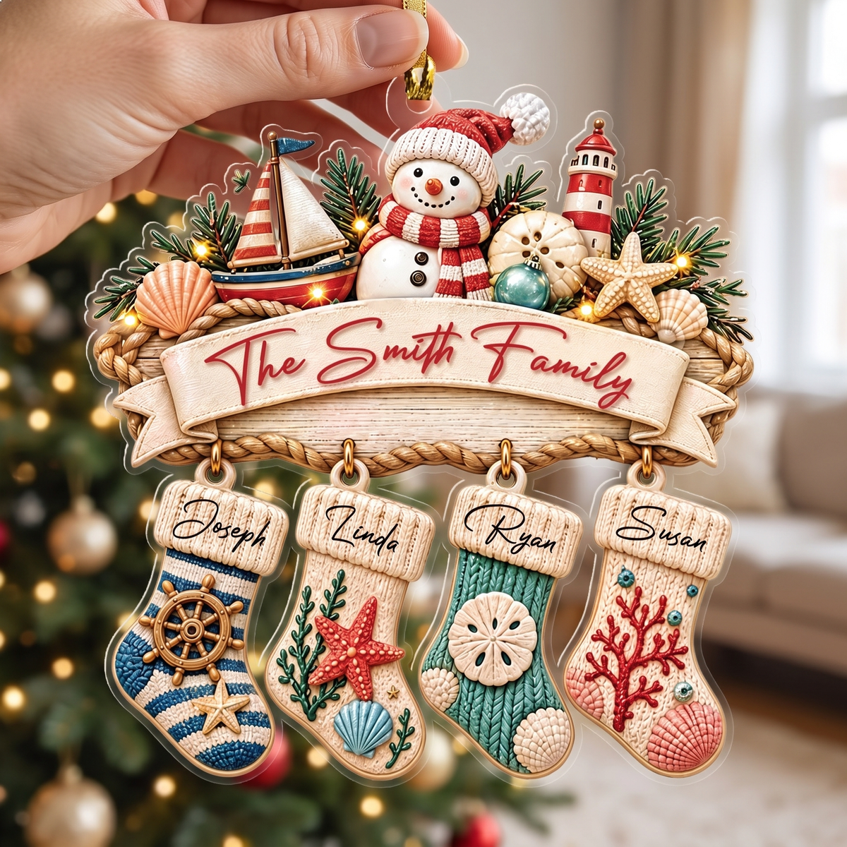 Personalized Coastal Family Stockings acrylic Christmas ornament, view 7