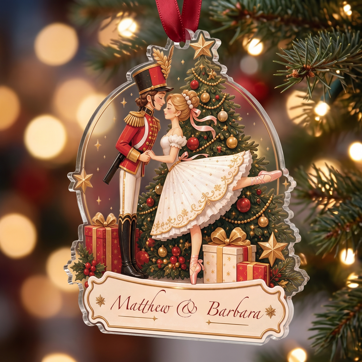 Personalized Nutcracker & Ballerina Couple acrylic Christmas ornament, view 2