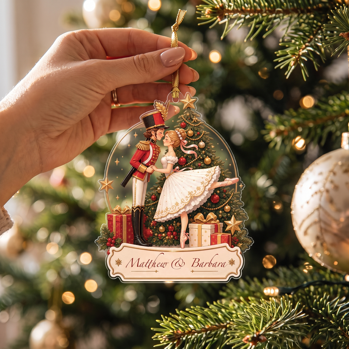 Personalized Nutcracker & Ballerina Couple acrylic Christmas ornament, view 4