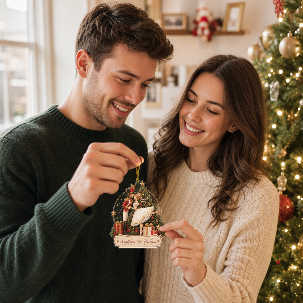 Personalized Nutcracker & Ballerina Couple acrylic Christmas ornament, view 6