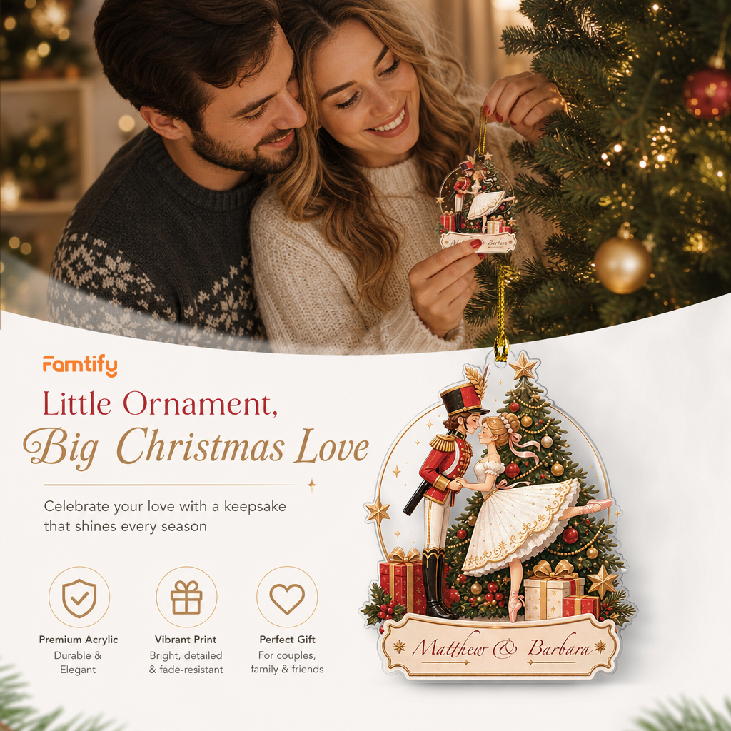 Personalized Nutcracker & Ballerina Couple acrylic Christmas ornament, view 7