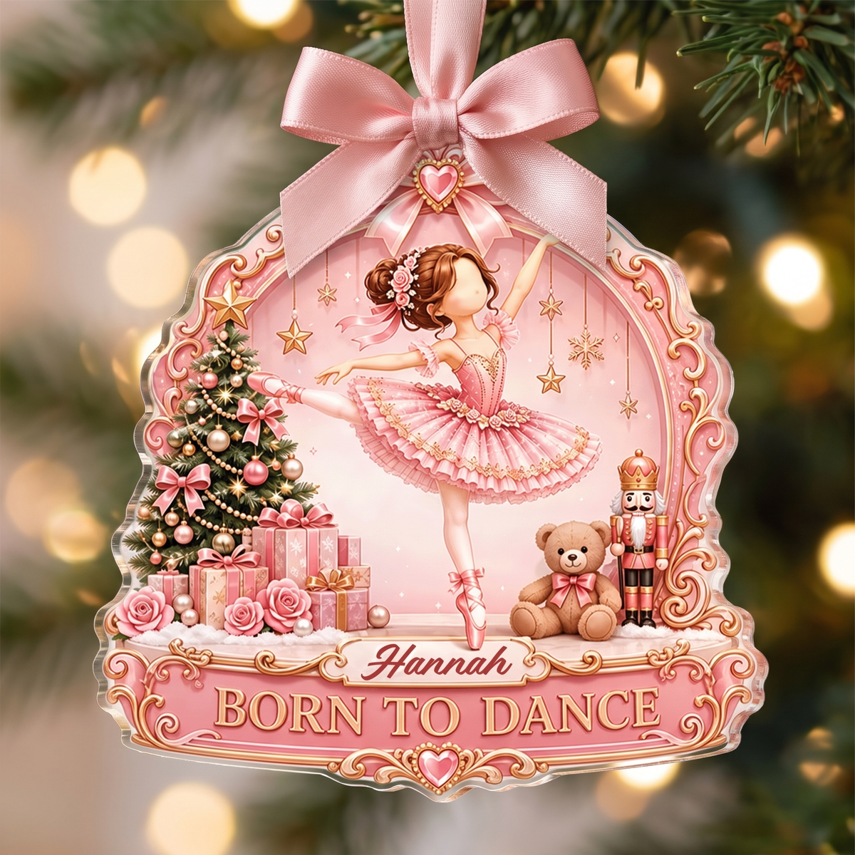 Personalized Born To Dance Ballerina acrylic Christmas ornament, view 3