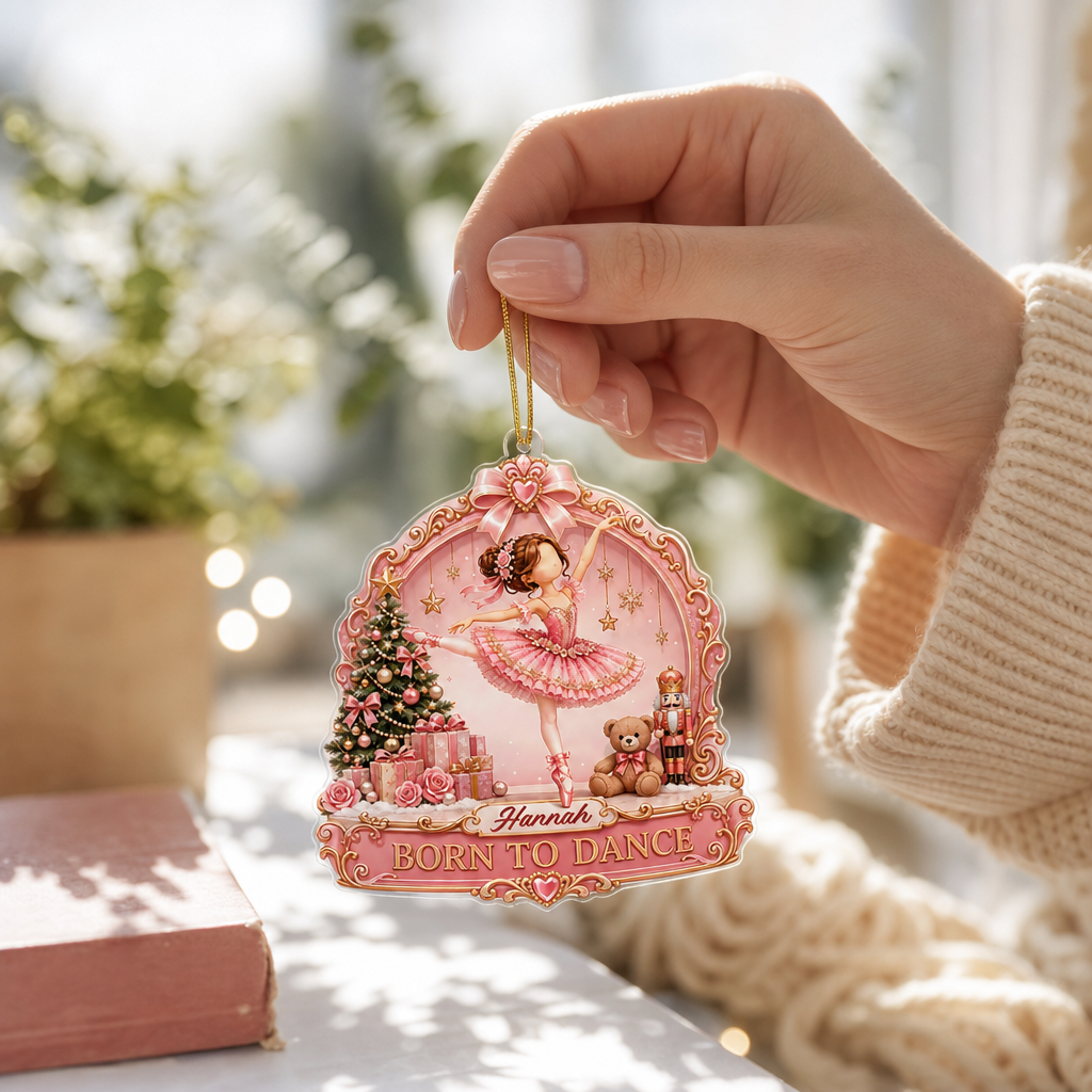 Personalized Born To Dance Ballerina acrylic Christmas ornament, view 7