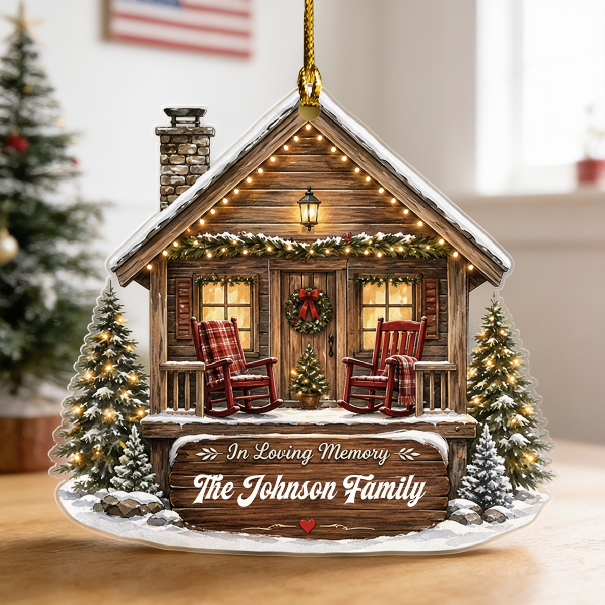 Personalized In Loving Memory Cabin acrylic Christmas ornament, view 2