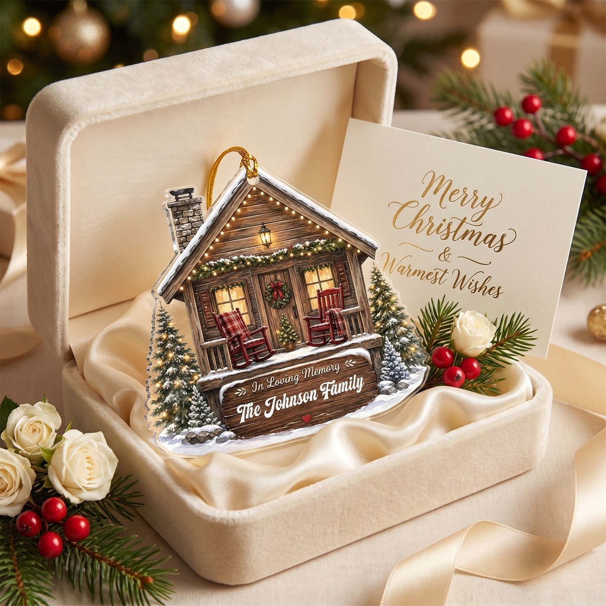 Personalized In Loving Memory Cabin acrylic Christmas ornament, view 3