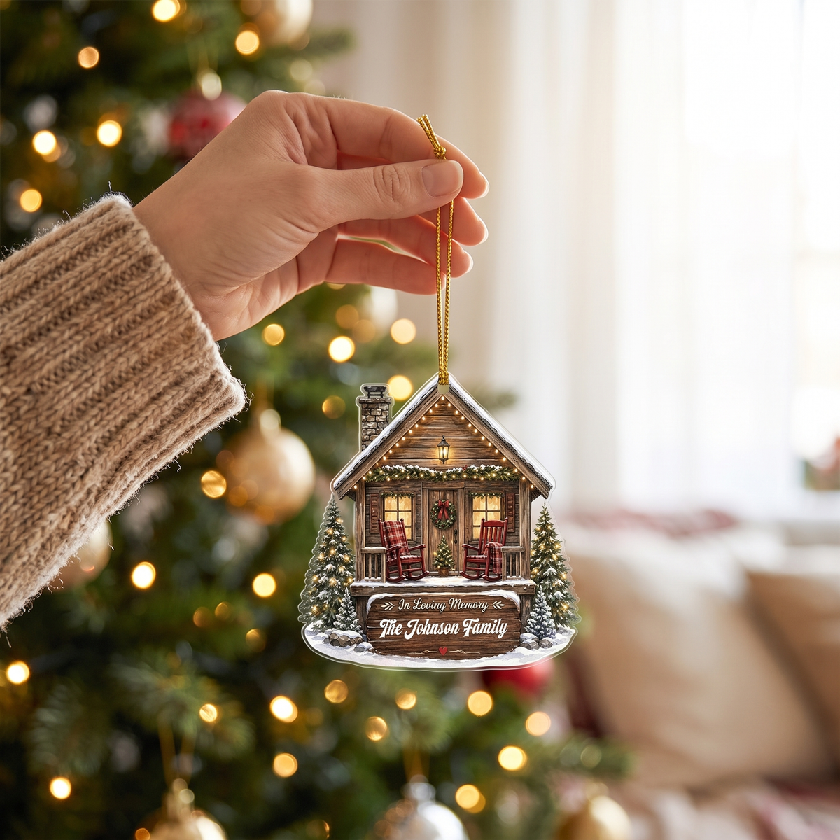 Personalized In Loving Memory Cabin acrylic Christmas ornament, view 4