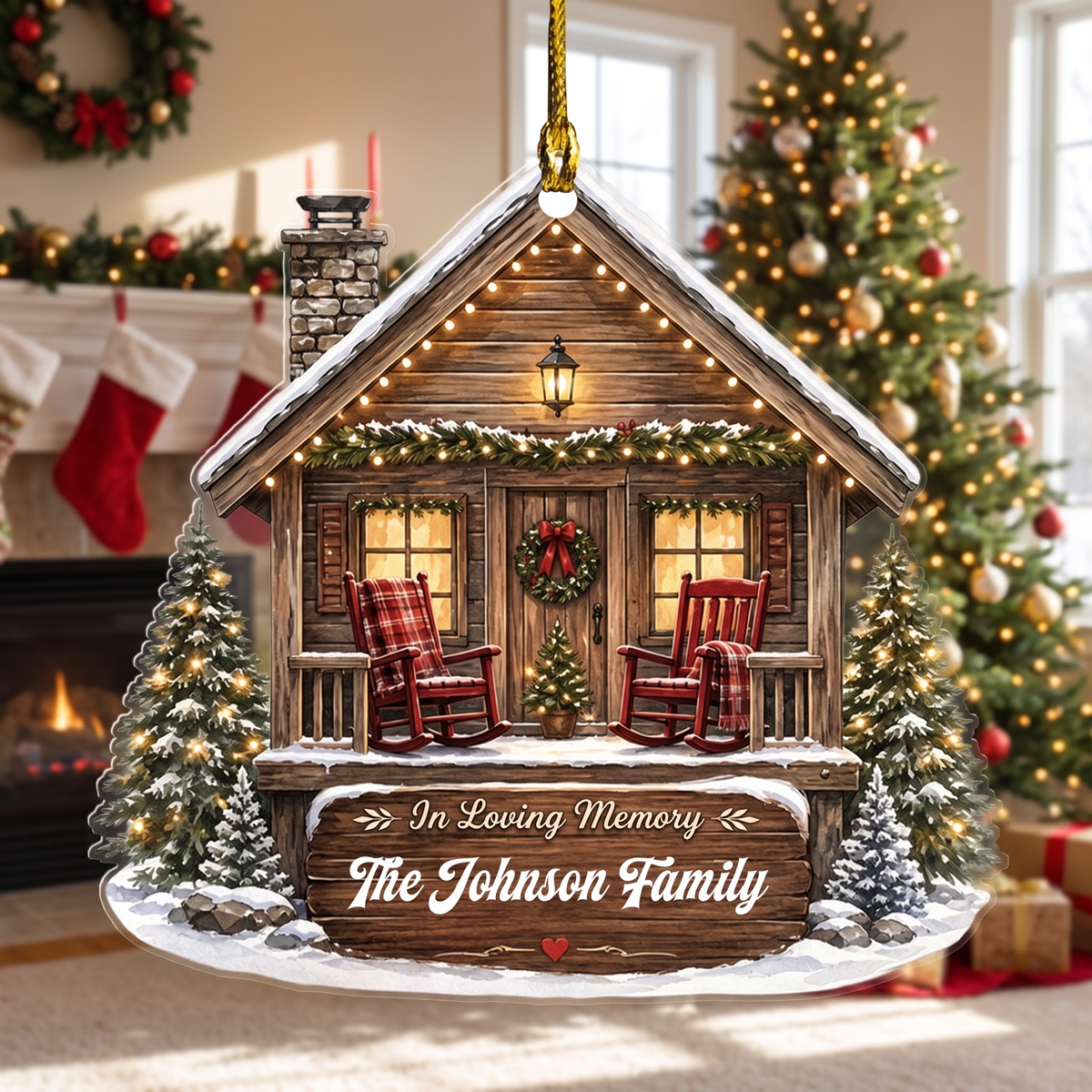 Personalized In Loving Memory Cabin acrylic Christmas ornament, view 6