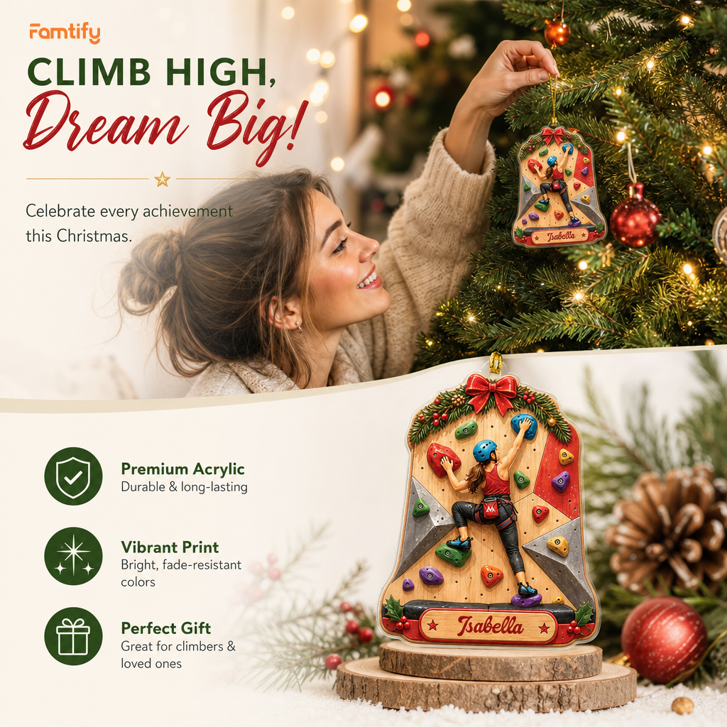 Personalized Rock Climbing Girl acrylic Christmas ornament, view 8