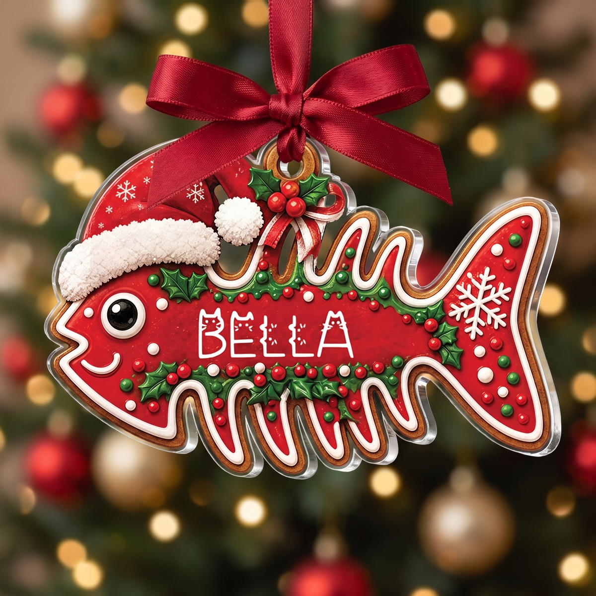 Personalized Fish Bone Cookie Pet Name acrylic Christmas ornament, view 4