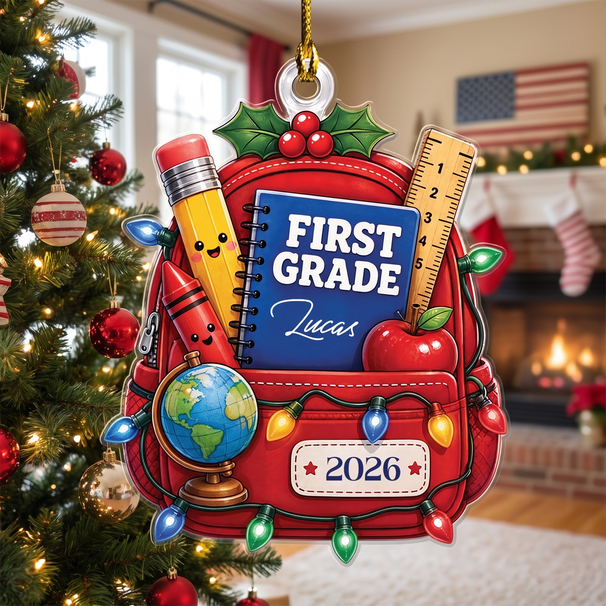 Personalized First Grade Backpack acrylic Christmas ornament, view 2