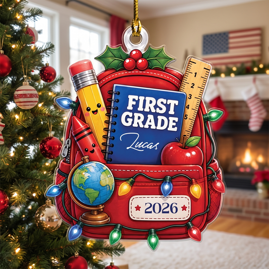 Personalized First Grade Backpack acrylic Christmas ornament, view 2