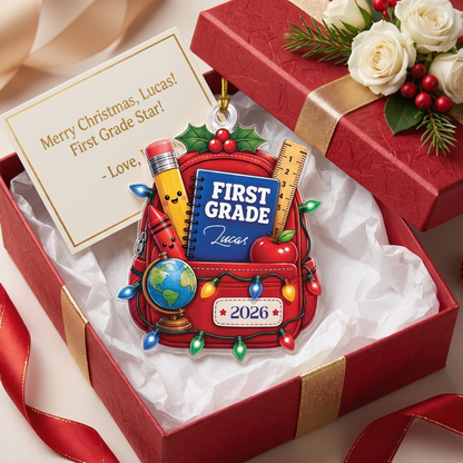 Personalized First Grade Backpack acrylic Christmas ornament, view 3