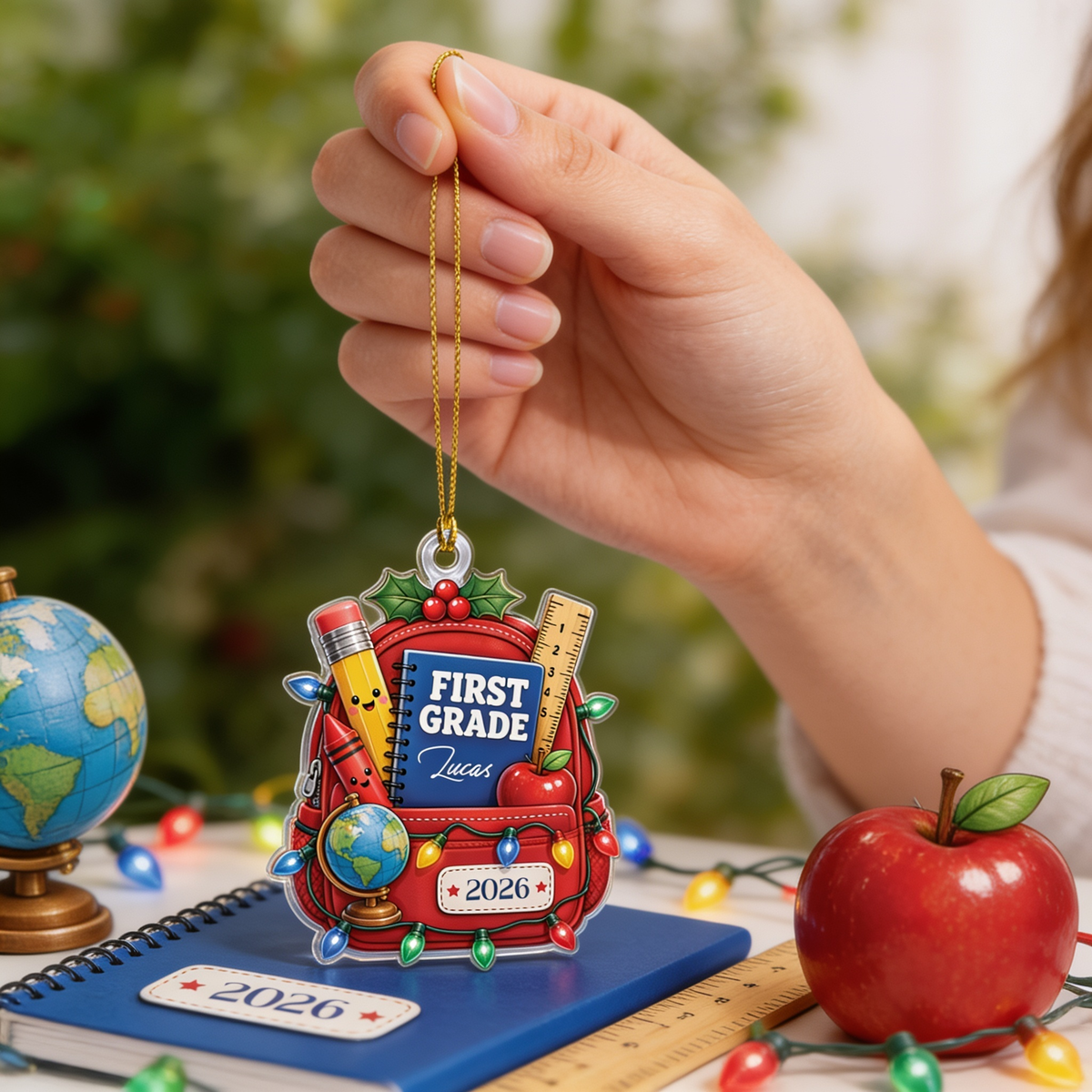 Personalized First Grade Backpack acrylic Christmas ornament, view 4