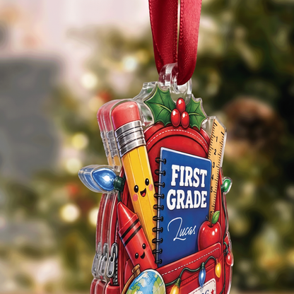 Personalized First Grade Backpack acrylic Christmas ornament, view 5